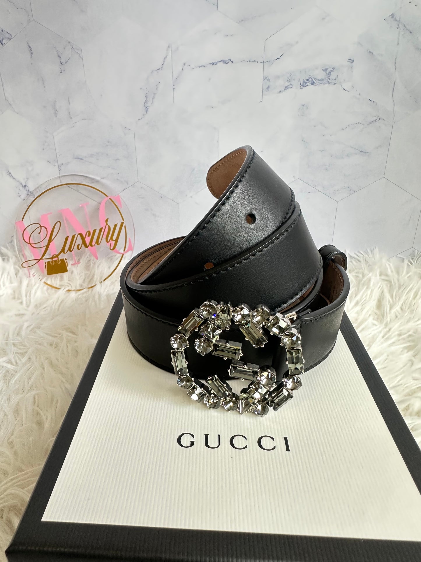 Gucci Crystal Embellished Interlocking G Buckle Belt size 85